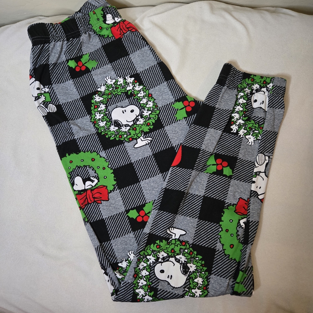 Munki Munki Peanuts Snoopy Christmas Pajama Pants Checkered Wreath Gray Plaid L